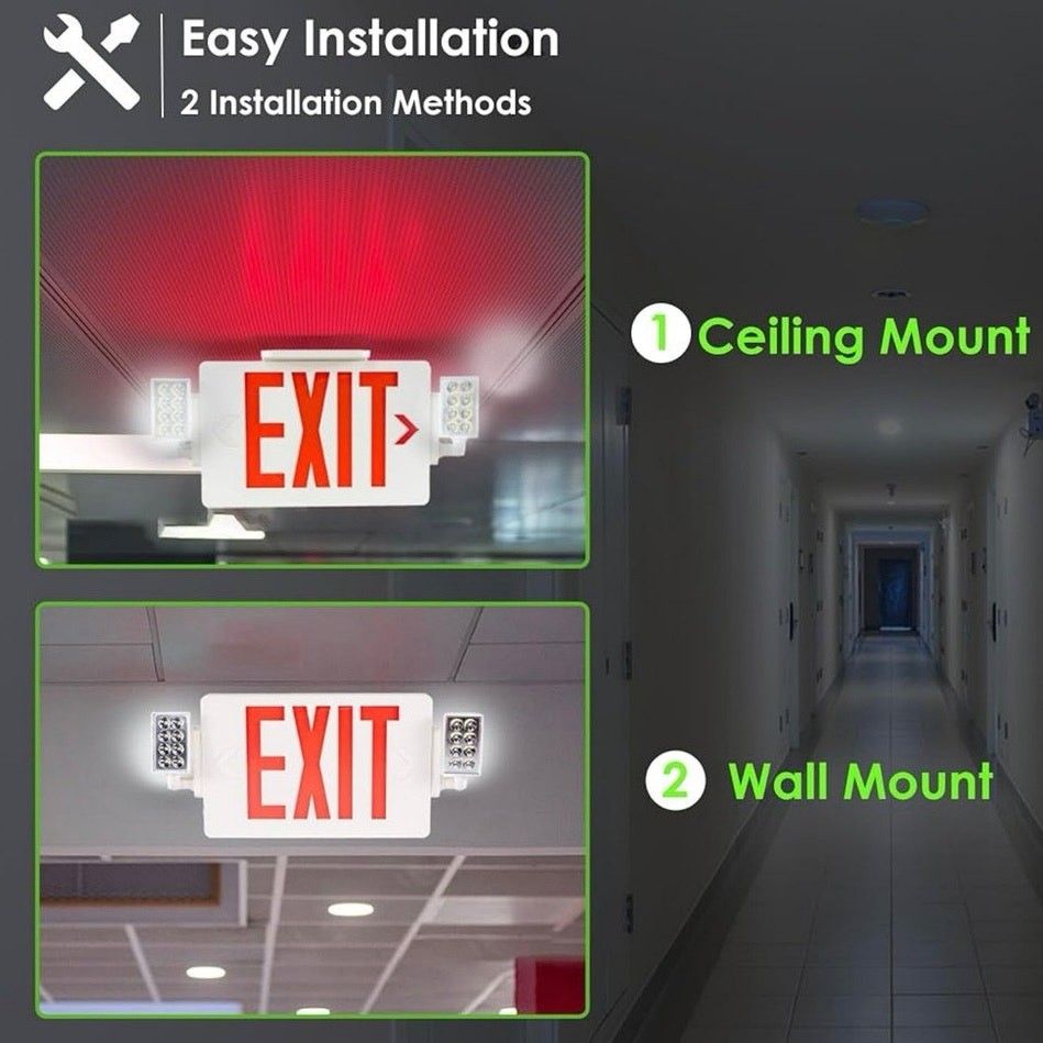 Combo Exit Sign, Light with 2 Adjustable Heads and Double, Back Up Batteries
