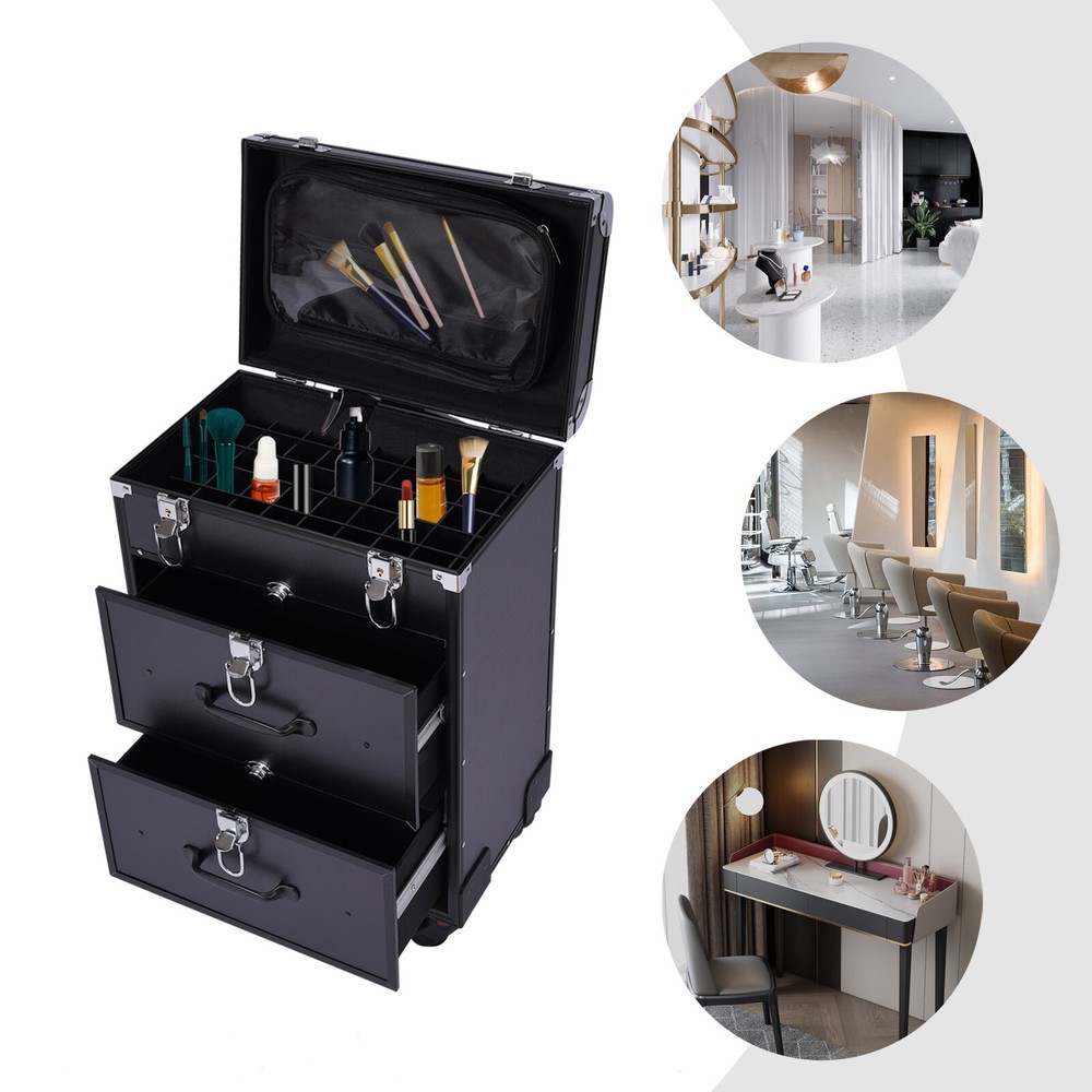 Black Cosmetic Storage Case Organizer Trolley Lock Rolling Makeup Train Case