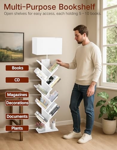 9 Tier Tree Bookshelf with Light, Remote & Timer, Dimmable Tall Floor White