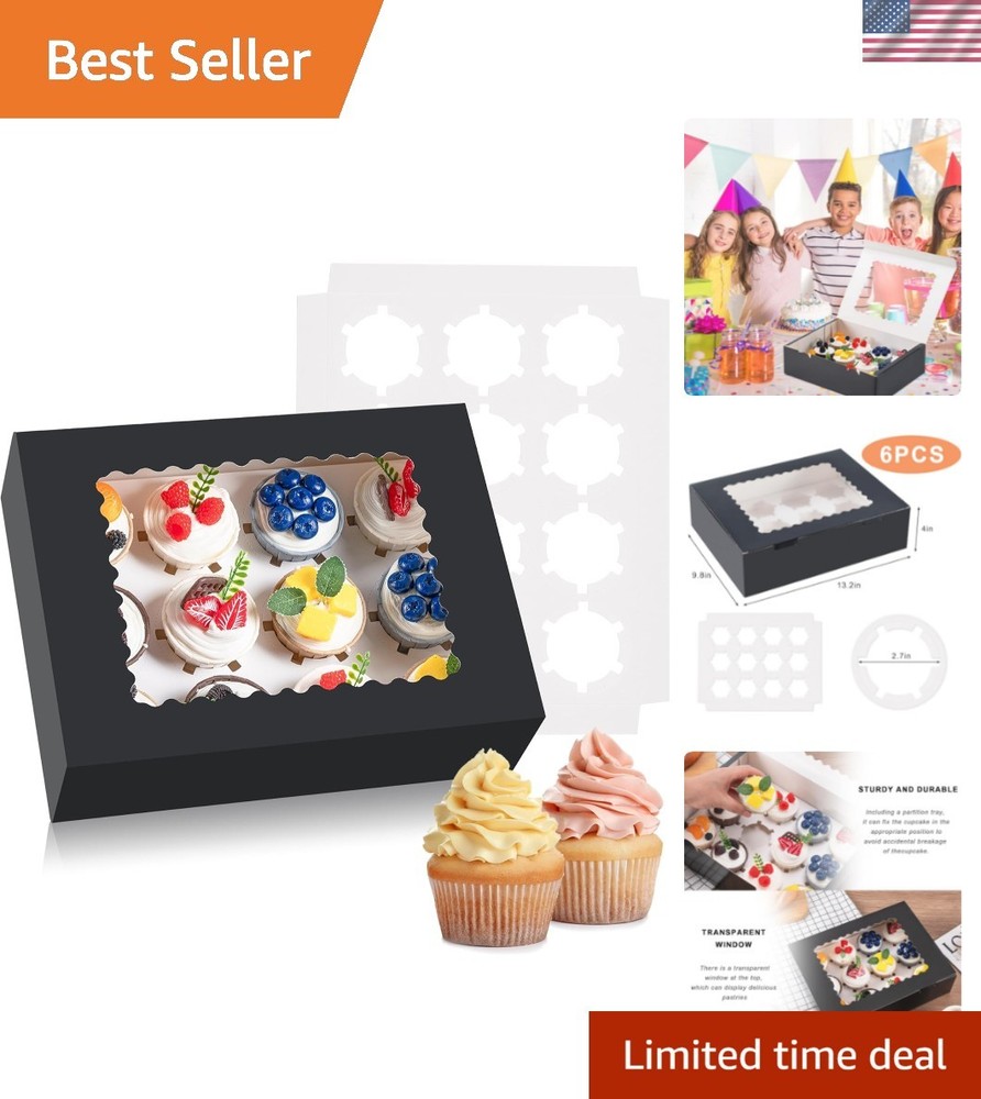 Elegant 6PCS Cupcake Box Set - Hold 12 Count - Clear Window, Durable Design