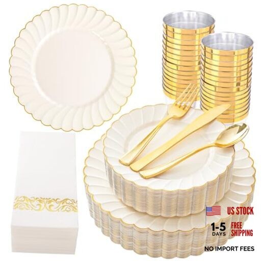 Scalloped Plastic Plates - Gold Disposable Dinnerware Set Include 175PCS Ivory