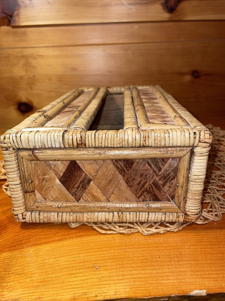 Vintage Tissue Box Cover Holder Bamboo Rattan Wicker Coastal Boho Rectangular