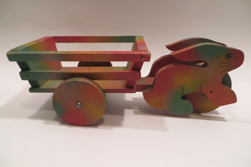 Vintage Easter Bunny Rabbit Cart Wood Pull Toy