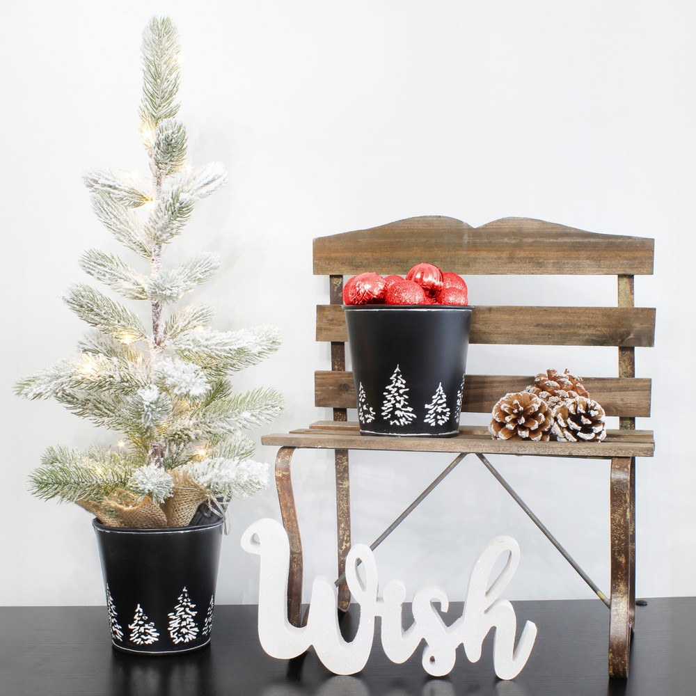 Black Mini Christmas Tree Buckets 2pk, Metal Tree-Embossed