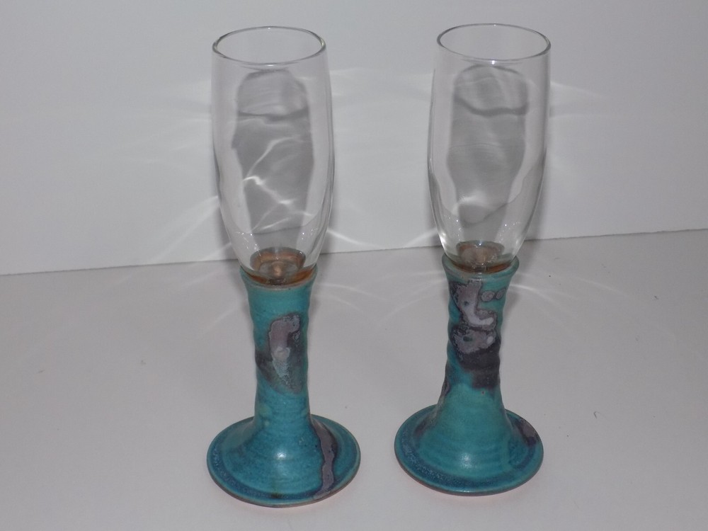 Studio Art Pottery Stem Base Drinking Flute Glass Set