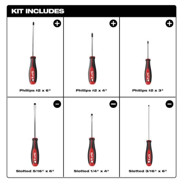Milwaukee 6-Piece Screwdriver Set – Phillips, Slotted & Hex Bits with Handle