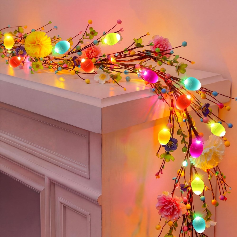6ft Easter Garland with Light, 20 LED Easter Egg Decoration, Spring Decorative..
