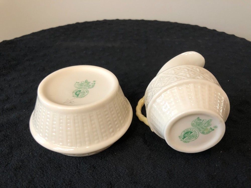 Belleek Sugar & Creamer Cleary Pattern Cob Luster, Green Stamp