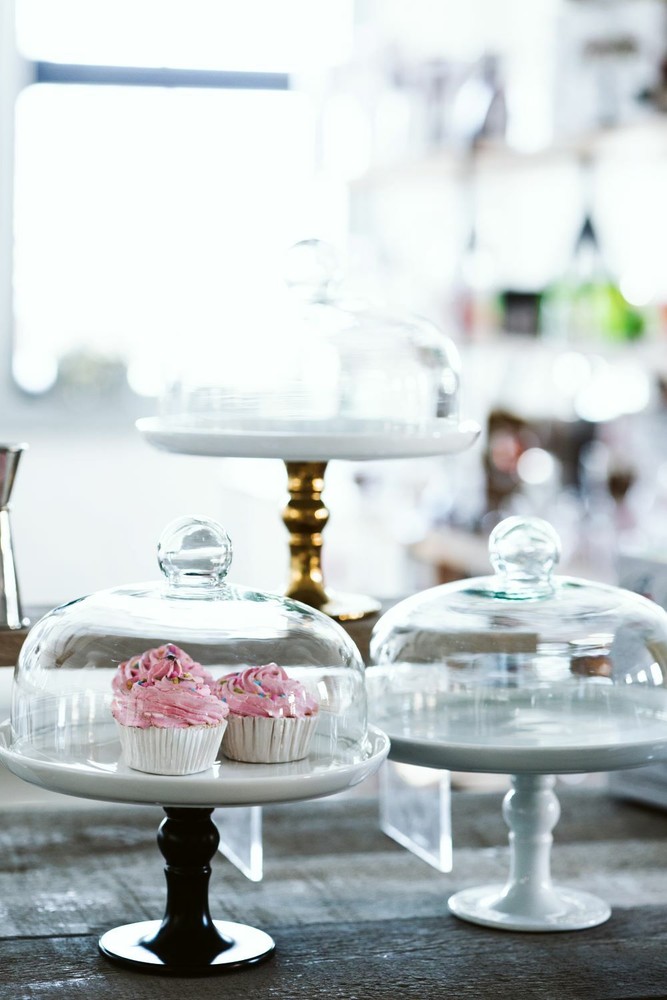 White Cake Stand and Clear Dome 9.8 Inches