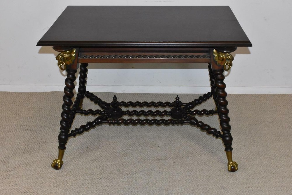 Antique Solid Mahogany Library Table Rope Turned Legs Lion Head Details