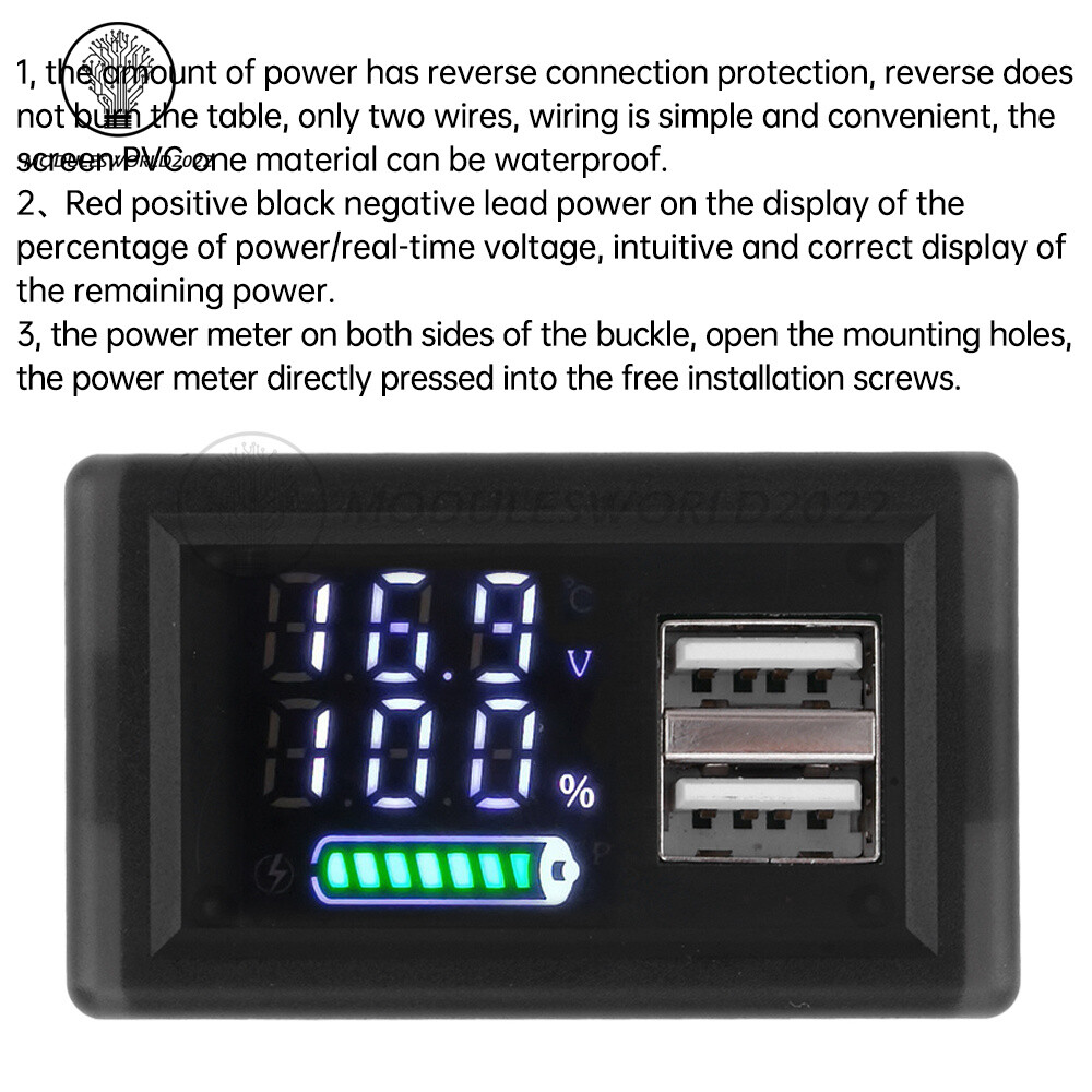 DC9-24V Battery Capacity Indicator USB Type-C LED Dual Digital Car Voltmeter