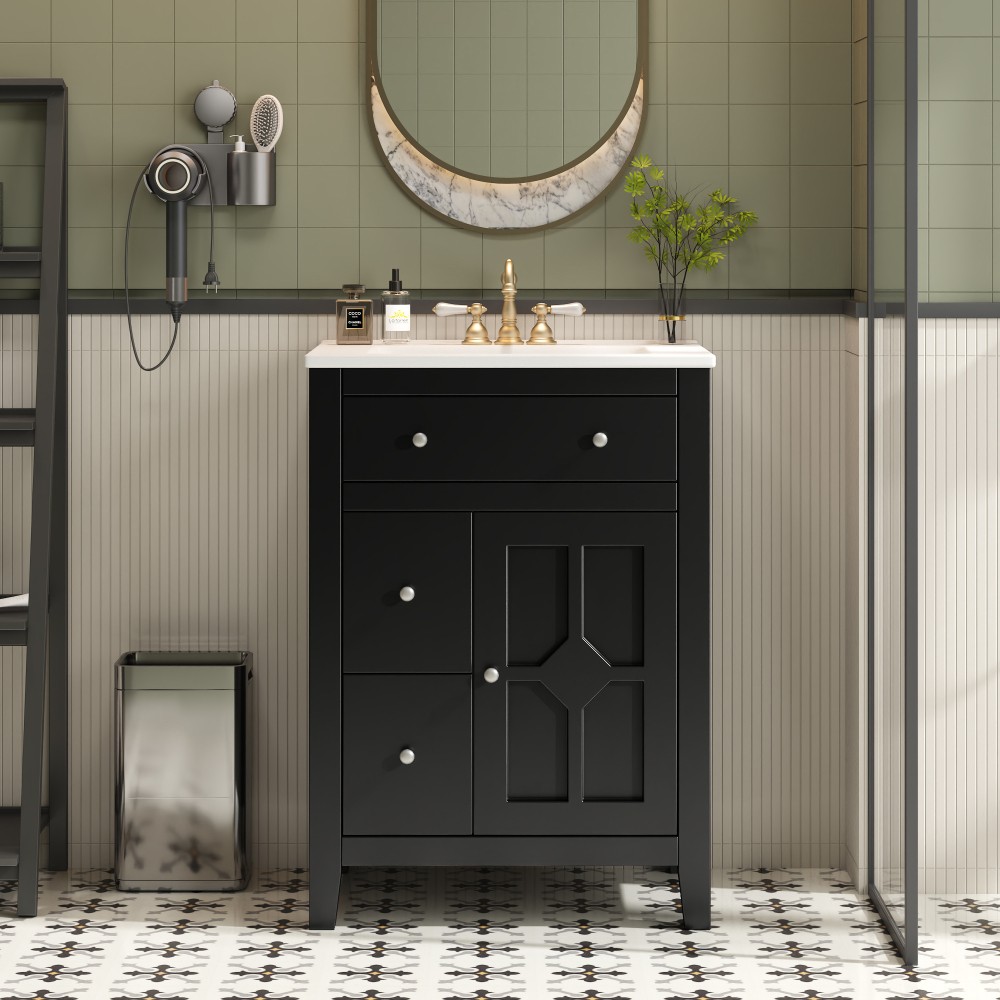 Bathroom Vanity with Ceramic Basin Features Two Drawers and Soft-Close Doors