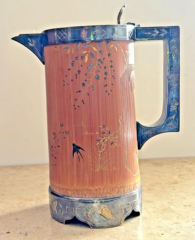 AESTHETIC MOVEMENT SILVER AND CARVED BAMBOO PITCHER