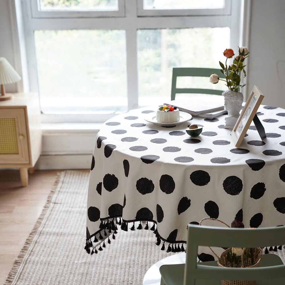 Round Tablecloth Tassel Black White Printed Oval Dot Rectangular Table Cloth