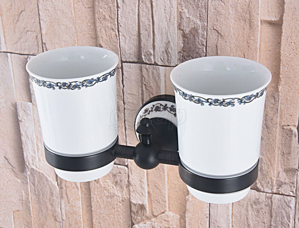 Oil Rubbed Bronze Wall Mounted Double Toothbrush Holder with Two Ceramic Cups