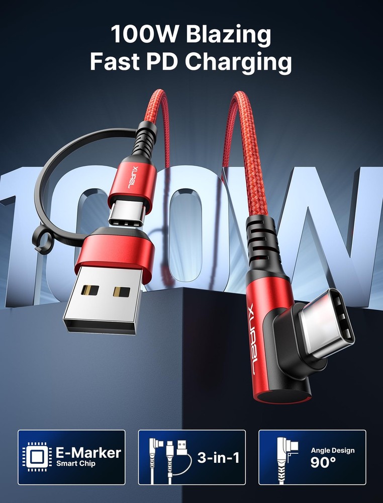 JSAUX 100W USB C Cable [2-Pack 6.6FT], Right Angle Fast Charging 6.6FT, Red