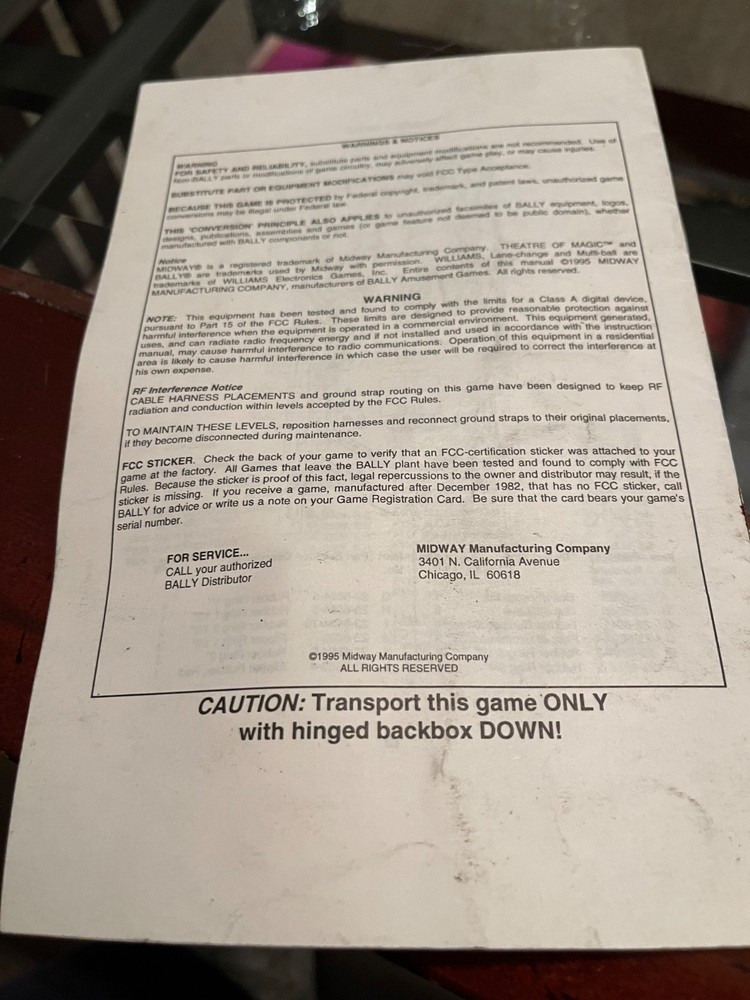 Theatre of Magic Pinball Operator Handbook