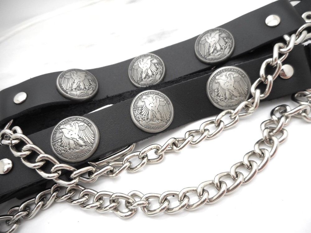 Boot Straps Genuine Leather Eagle Half Dollar Coin Chain Motorcycle Biker Pair