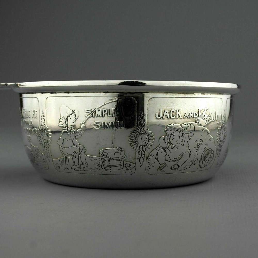 Gorham Solid Sterling Silver Child's Bowl. Acid Etched Nursery Rhyme. Ca. 1900