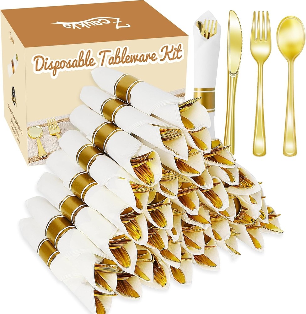 200PCS Disposable Pre-wrapped Silverware 50 Guests Elegant Gold Plastic