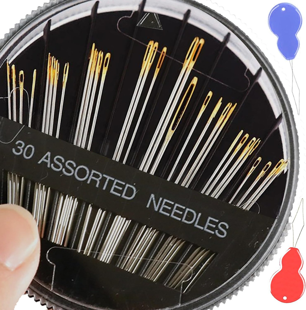 30-Pack Premium Hand Sewing Needles, 6 Sizes Assorted Needles with 2 Threaders,