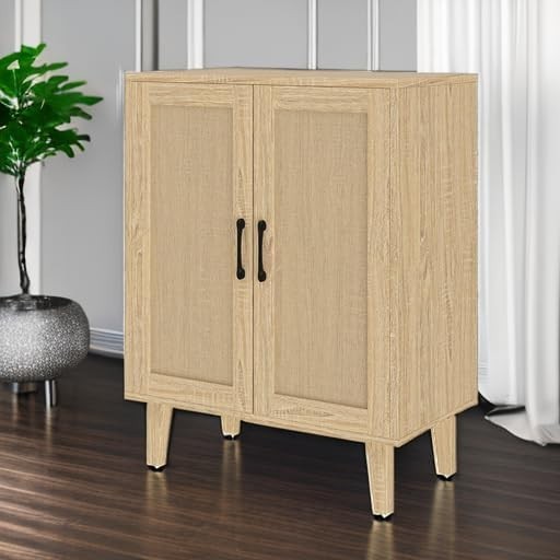 Buffet Cabinet Sideboard W/ Rattan Decorated Doors Kitchen Storage Cupboard