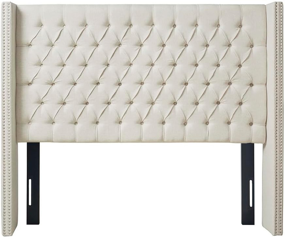 Cream King Upholstered Headboard with Nailhead Trim & Button Tufting