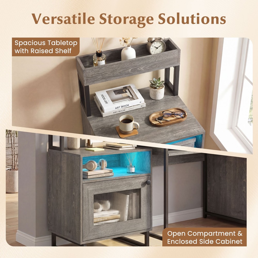 Nightstand with LED Lights, Modern End Table with Top Tray, Open Compartment