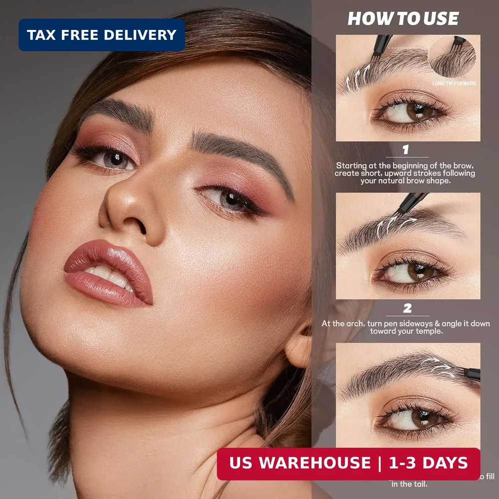 2 Pack 4-Tip Microblading Eyebrow Pen with 2 Brow Brushes, Waterproof Vegan Form