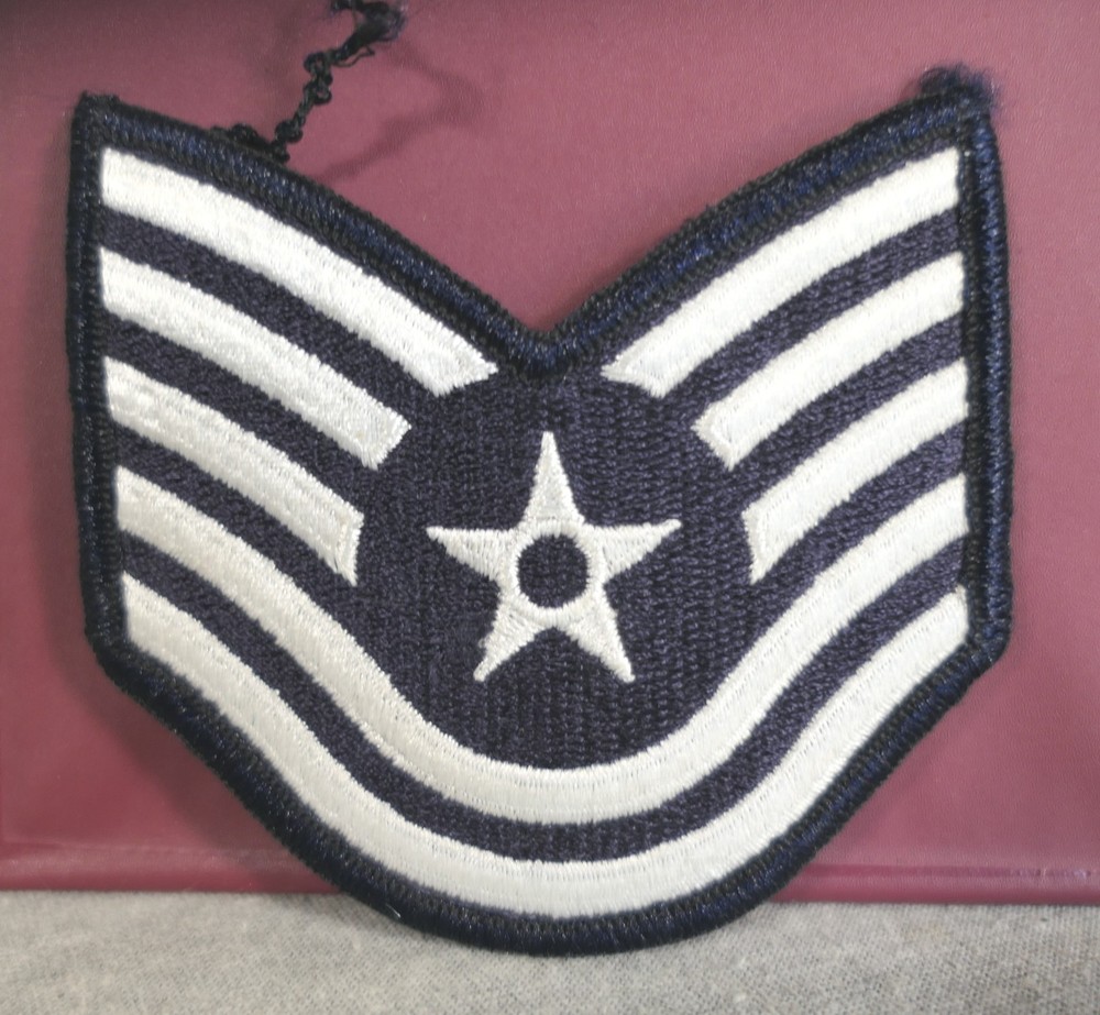 White Blue USA Air Force Military E-6 Technical Sergeant Chevron Insignia Patch