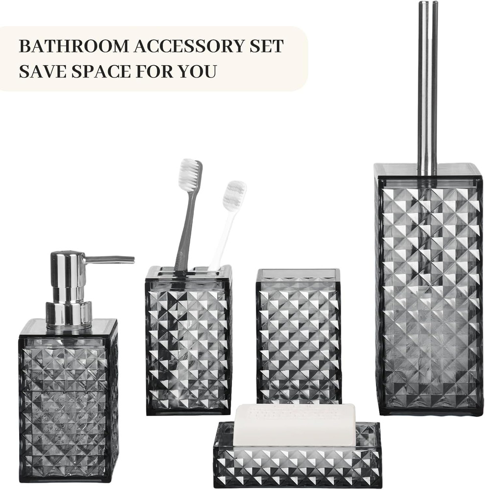 Bathroom Accessory Set, Grid Pattern 5 Pcs Plastic Bathroom Set Include Toilet B