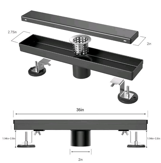 36 Inch Linear Shower Drain Rectangular Floor Drain with Accessories Matte Black