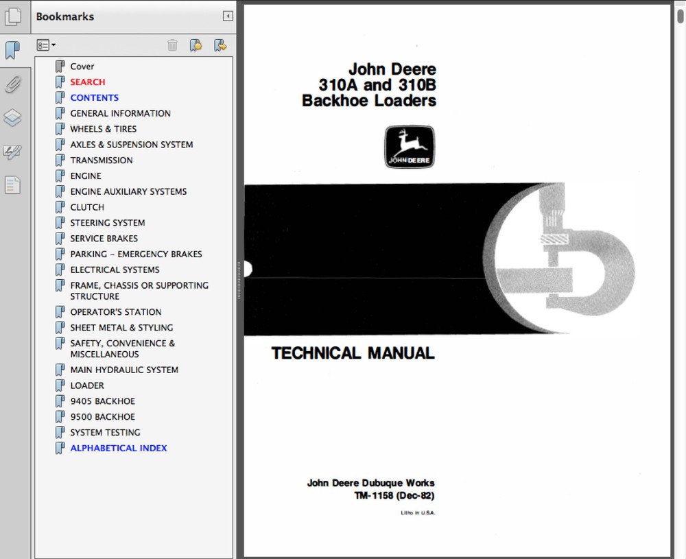 John Deere 310A & 310B Backhoe Loader Technical Service Manual TM1158 USB or DL