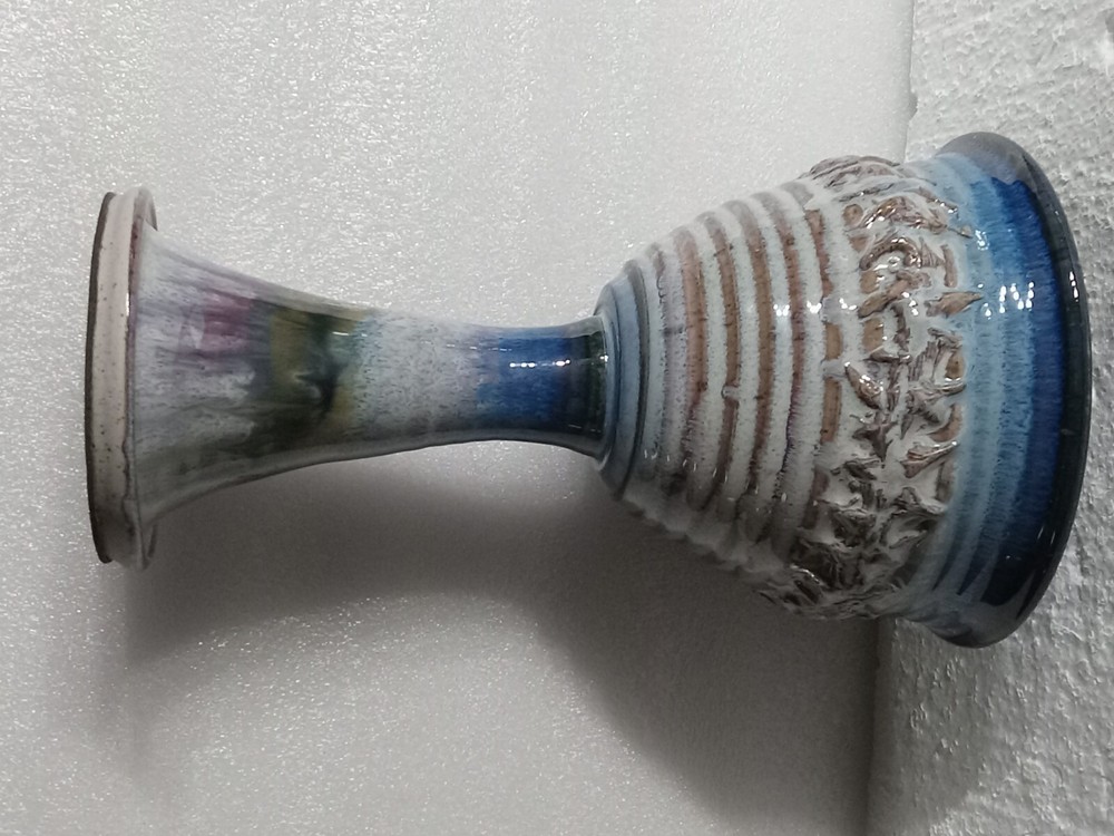 Ceramic Stoneware Chalice & Paten Set Scripture/Crown Thorns Pastel Blue Signed