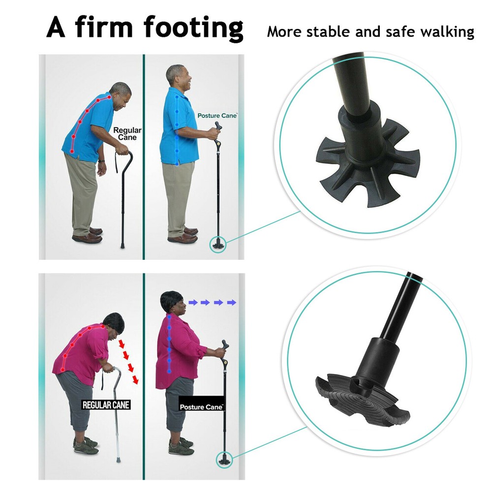 Folding Adjustable Walking Stick Cane 4 Head Pivoting Trusty Base Posture Cane