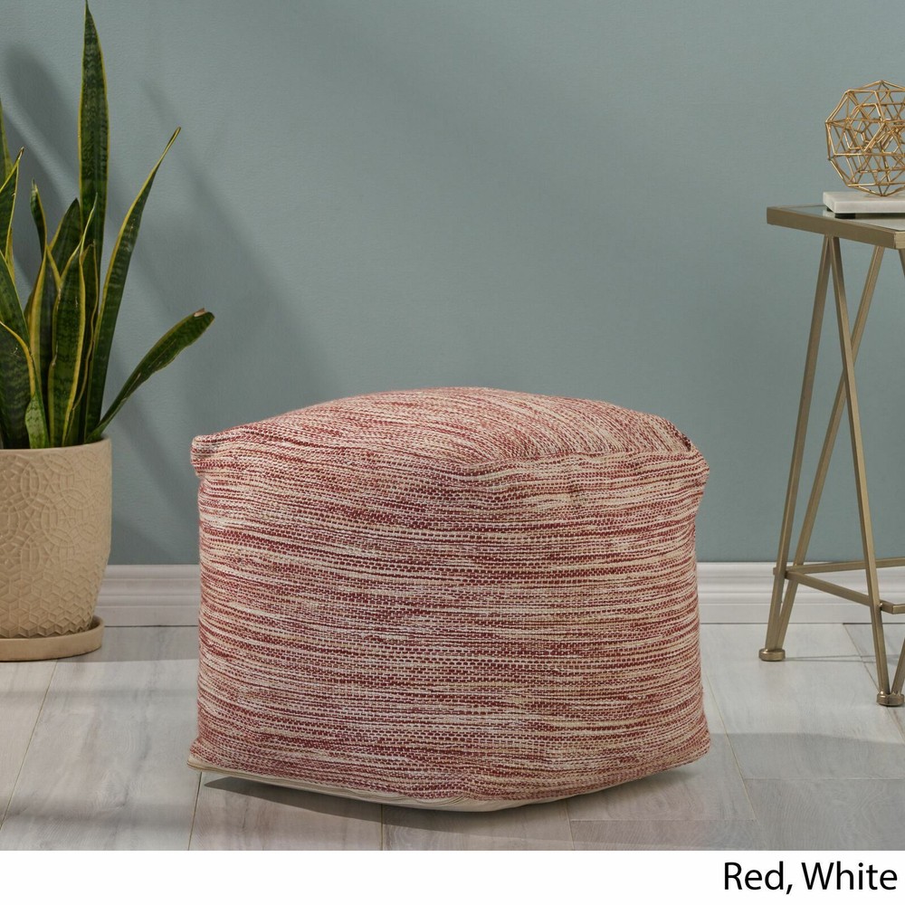 Boho Handmade Fabric Cube Pouf, Red and White