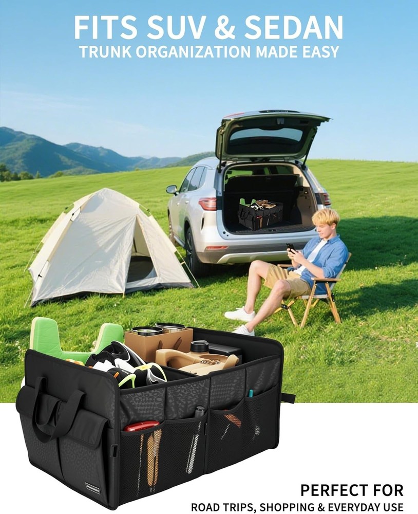 Black Leopard Collapsible Trunk Organizer - Spacious 3 Compartment Storage