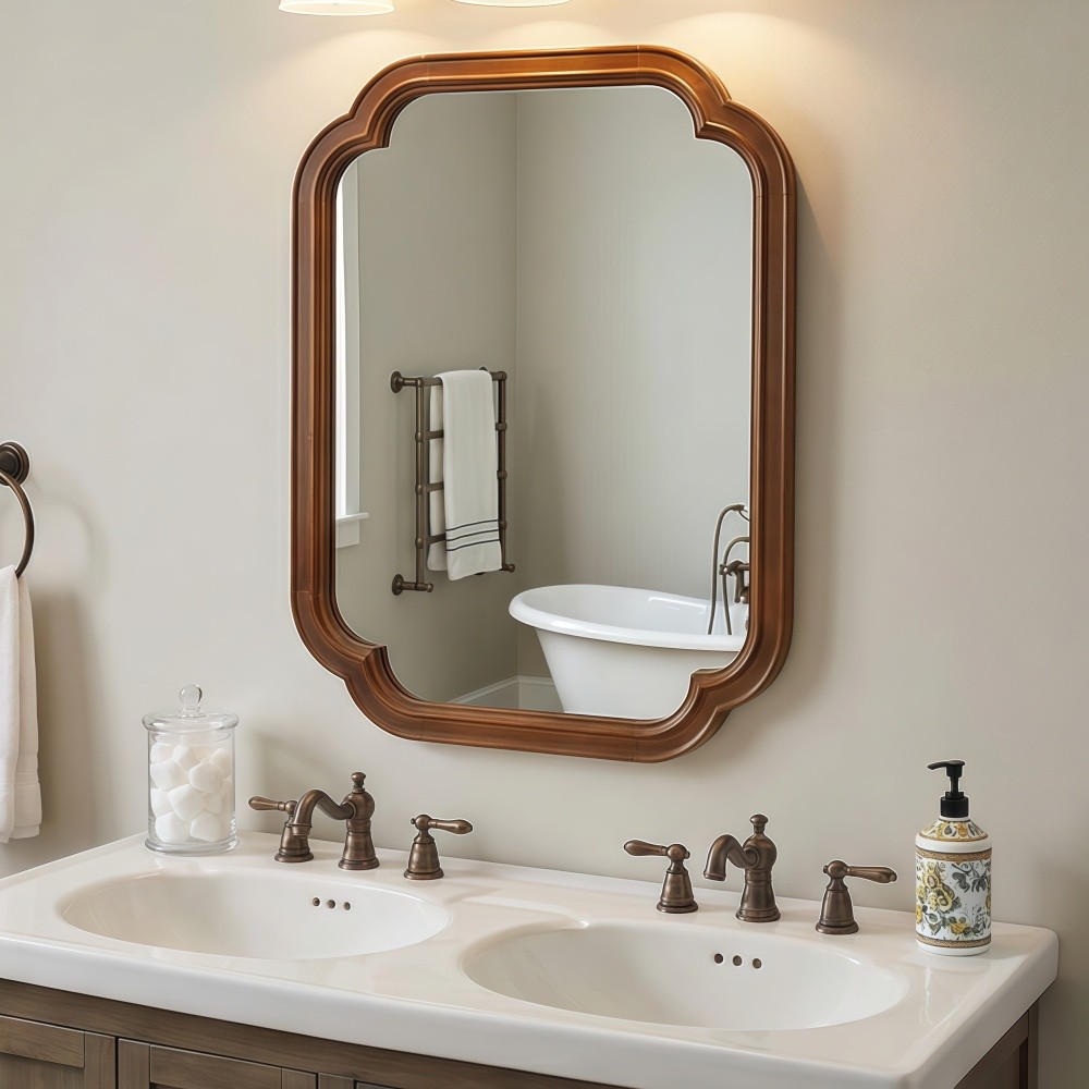 24x36 Solid Walnut Wall Mirror with Tempered Glass, Round Corner Art Deco