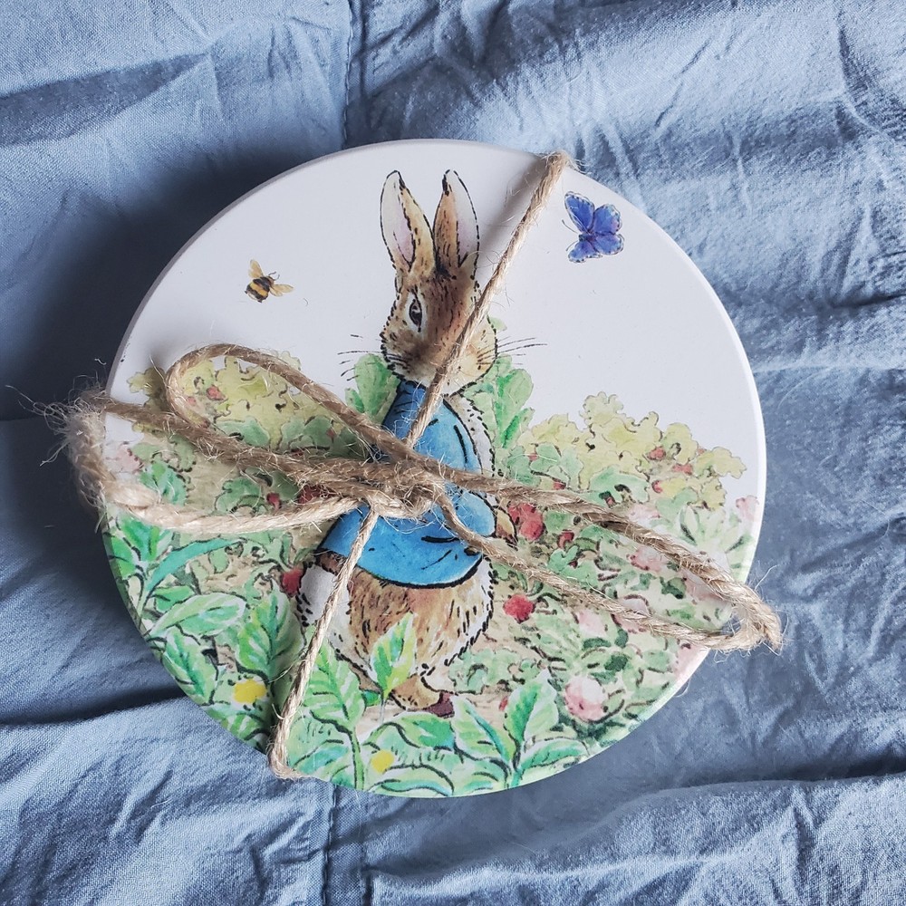 NewPeter Rabbit Coaster 4pc Set Easter Bunny Ceramic & Cork Beatrix Potter