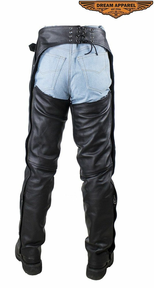 Men's Motorcycle Black Split Leather Chaps with Multiple Pockets and Mesh Lining