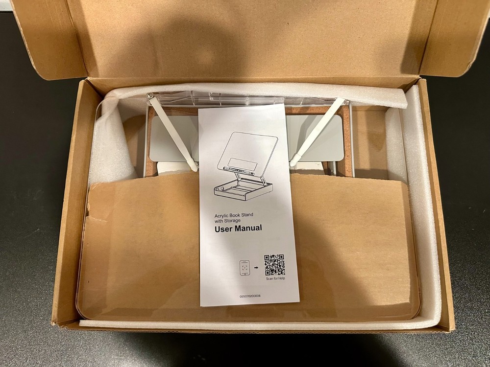 Adjustable Acrylic Book Stand with Storage- Reading Use, Storage Base *OPEN BOX*