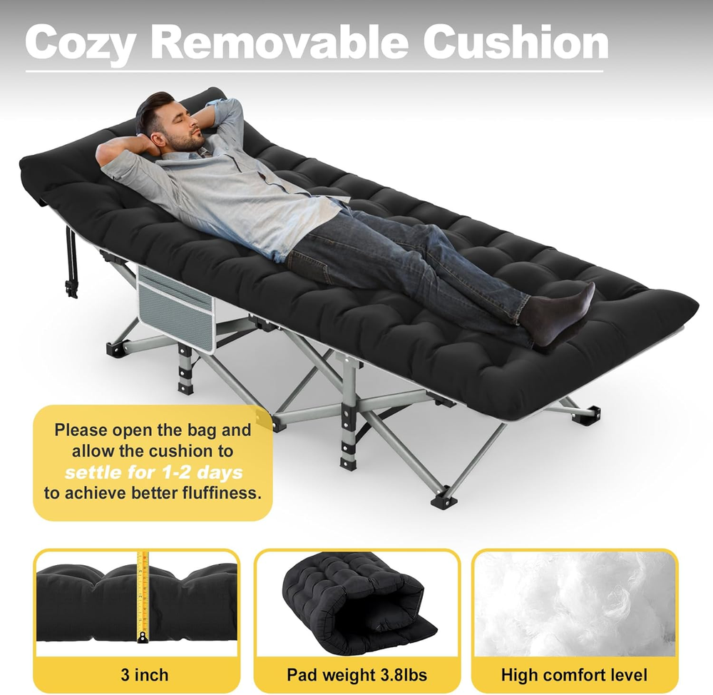 Folding Camping Cot with Mattress Black,Max Load 800lbs Cots for Sleeping