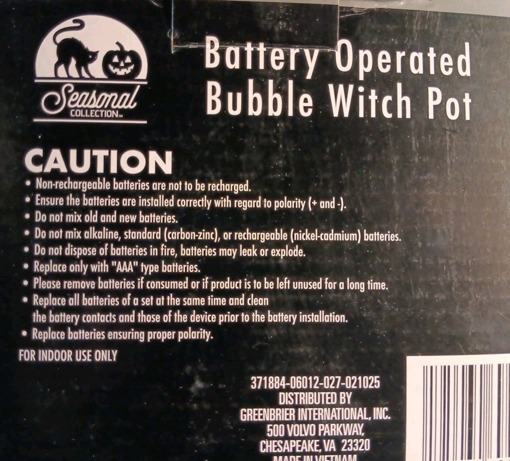 Halloween Bubble Witch Pot Blows Bubbles, Lights & Noises 4 AAA Batteries