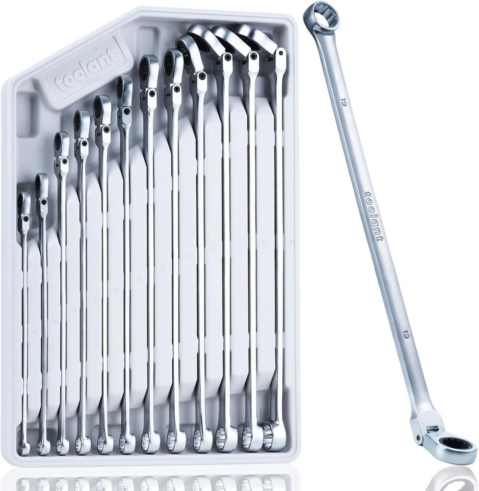12PCS Extra Long Ratcheting Wrench Set Gift Men Flex Head & Fixed Offset Head