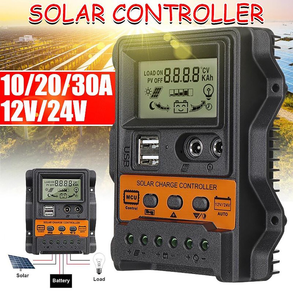 12V 24V 10A - 30A PWM Solar Charge Controller Panel Battery Regulator Dual USB