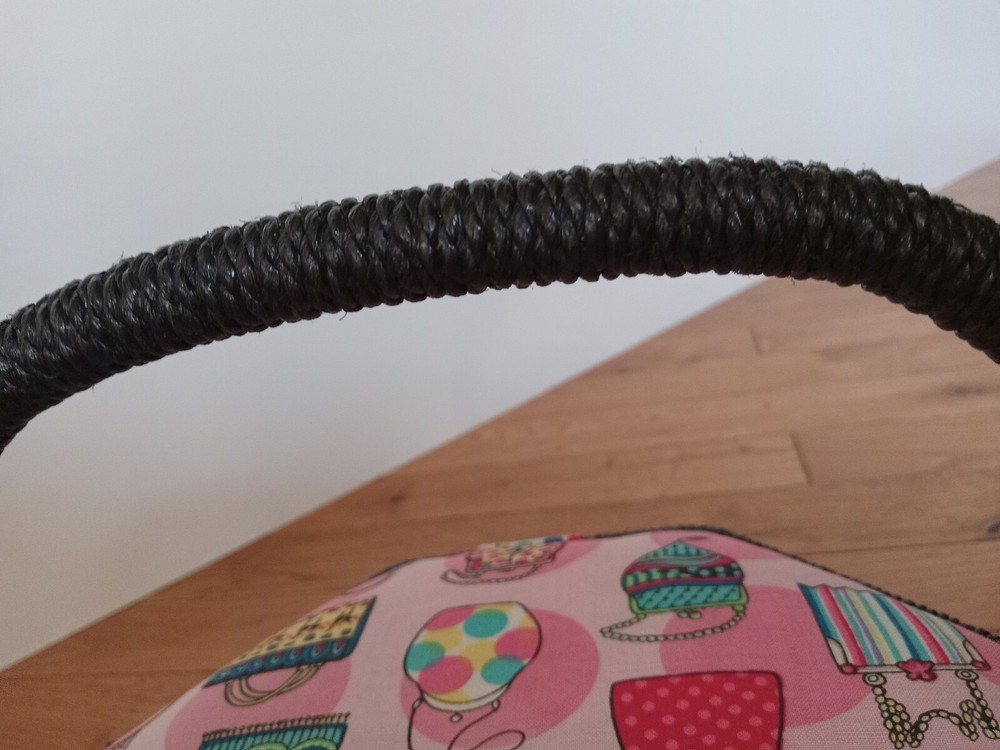 Sewing Box Hexigon Shaped Padded Pink w/ Black Wicker Handle 9" Diameter