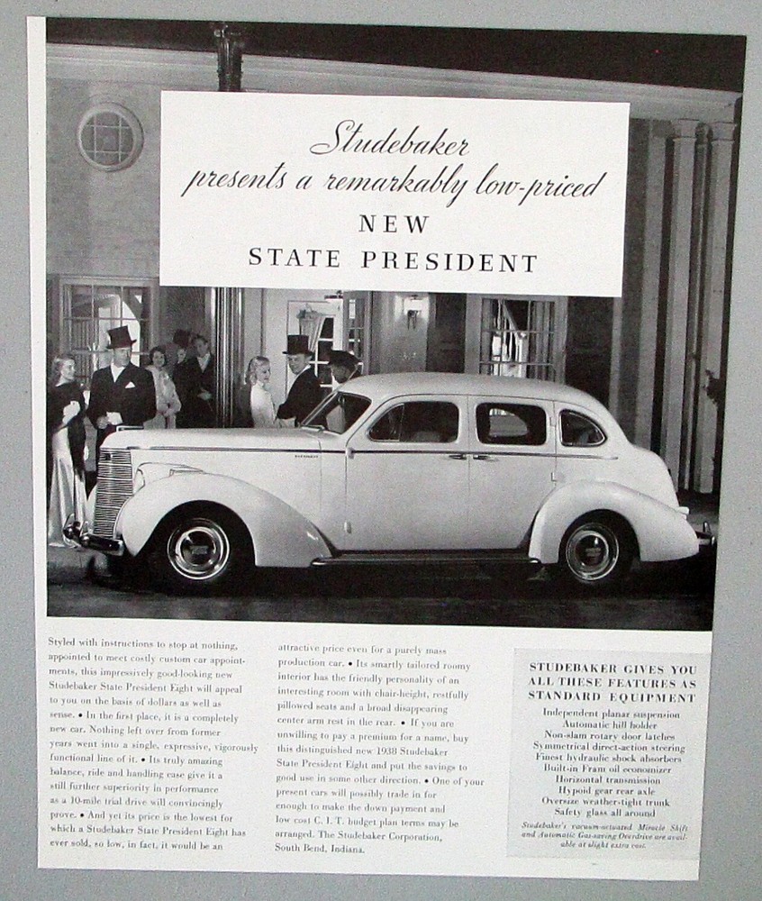 1938 Studebaker State President Original Print Ad