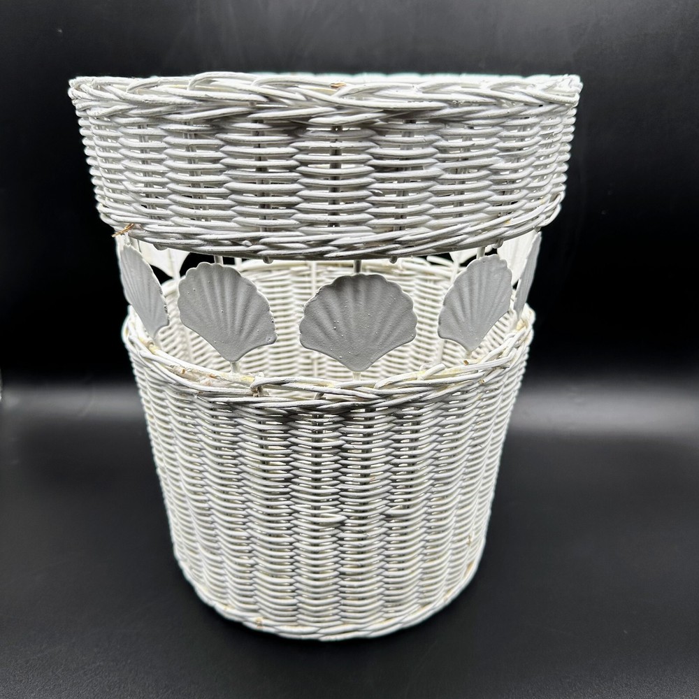 Vintage Wicker & Metal Shell Pattern Waste Storage Basket