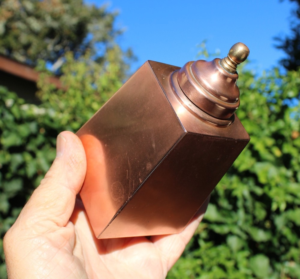 Antique Copper Brass Tea Caddy with Lid Tin Lined Stash Box, Pyramid Shape