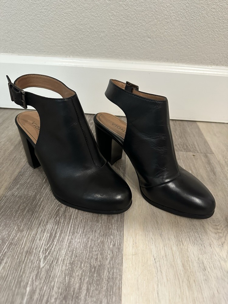 Vionic Lacey Black Leather Ankle Strap Booties Womens 7 EU 38 Arch Support